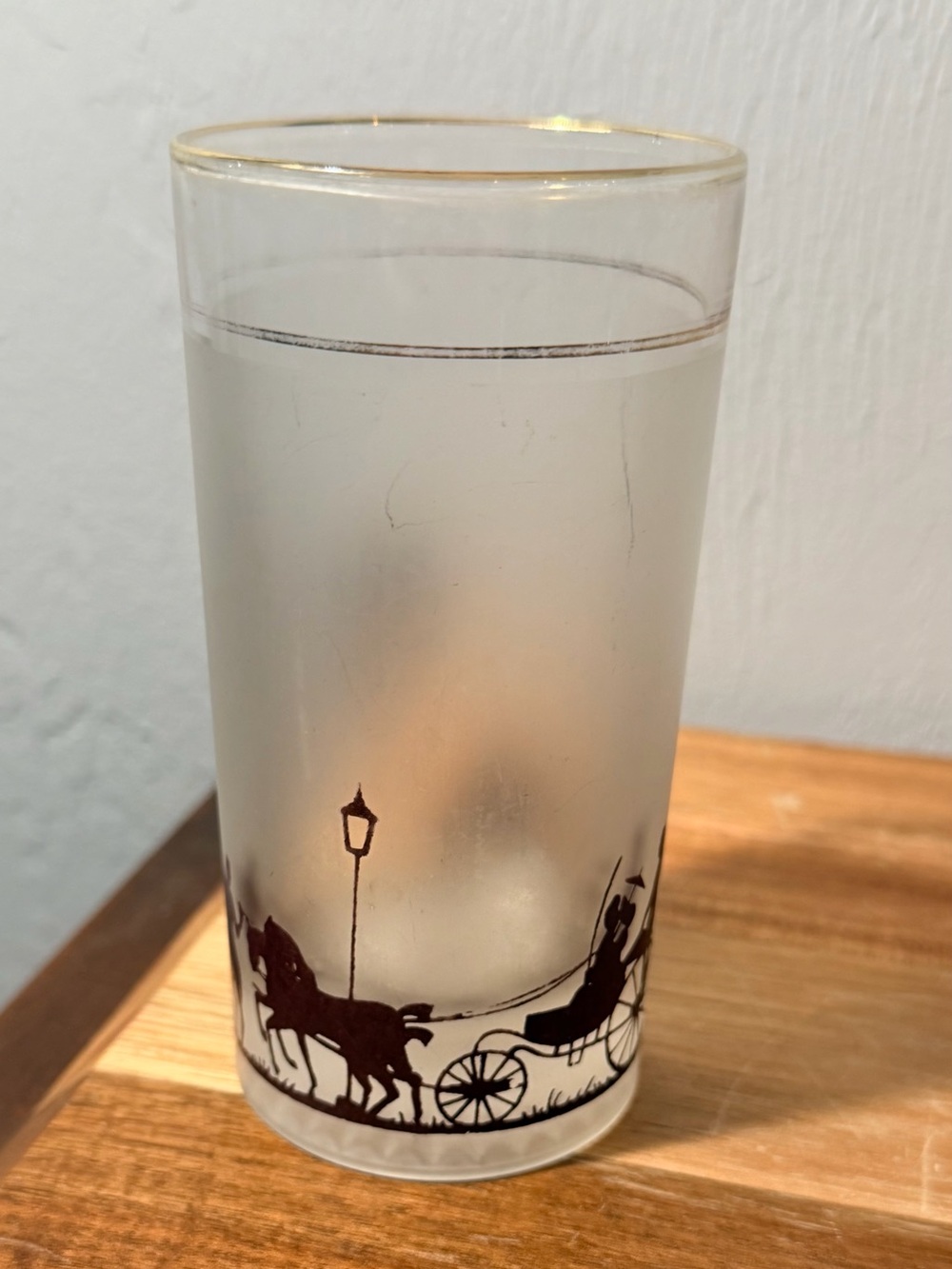Vintage Frosted Highball Glasses with Black Silhouette Horse & Carriage Design - Picture 10 of 10